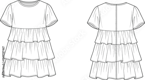 Women's Ruffle Tiered Babydoll Mini Dress Flat Sketch Fashion Technical Drawing Template, Apparel Design Vector Illustration, Front and Back View.