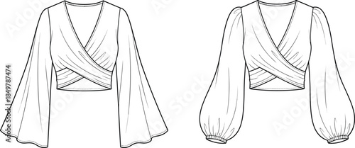 Women's Ruffle Trim Square Neck Crop Top Fashion Technical Drawing Template with Flared Flutter Sleeves, Apparel Design Vector Illustration, Front and Back View.