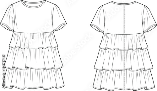 Women's ruffle shoulder maxi dress technical drawing, V-neck fashion flat sketch, puff sleeve vector illustration template, front and back views.