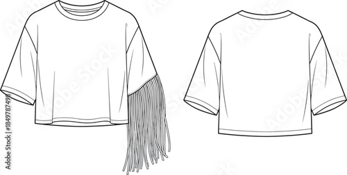 Women's t-shirt fashion flat sketch, asymmetrical fringe on one sleeve, technical drawing, vector illustration, apparel design template, front and back views.