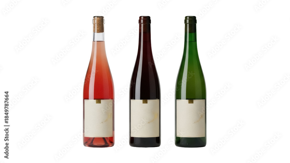 Fototapeta premium Isolated assorted glass wine bottles row, red, rosé, green. No labels on the bottles. Mockup.