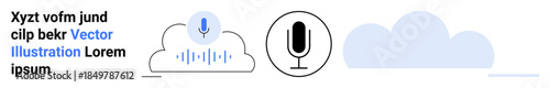 Speech processing, cloud computing, technology interfaces, voice-assisted systems, podcasting, digital media. Icons of microphones and audio waveforms on a cloud background. Speech processing