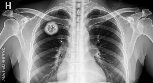 Chest x-ray showing a solitary pulmonary nodule in the lung. Radiograph of a benign tumor with popcorn calcification characteristic of a hamartoma. Medical imaging for diagnosis in radiology