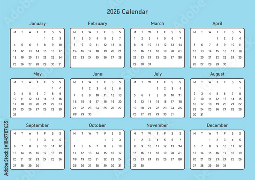 Minimalist 2026 full-year calendar template on a light blue background. Features a clean 12-month grid layout, perfect for business planning, personal scheduling, and stationery design.