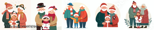 Vector full body of old couple hugging their beloved grandchild at Christmas