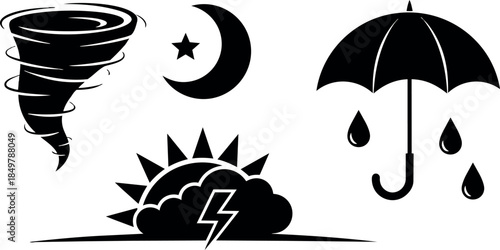 Black and white flat design icons of tornado moon star umbrella raindrops thunderstorm sun cloud weather symbols