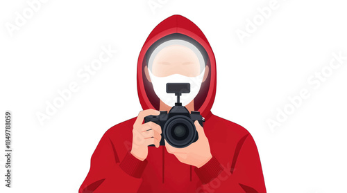 Cartoon of a photographer in red hooded jacket.