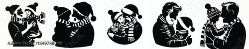Vector silhouette of grandfather hugging his beloved grandson at Christmas