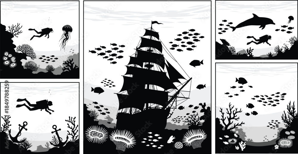 Fototapeta premium Underwater exploration, scuba diving, marine life, coral reef, sunken ship, ocean scene, CAD drawing, flat vector, silhouette, illustration