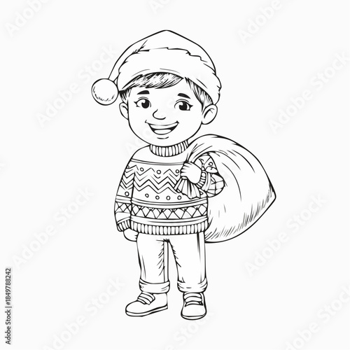 Joyful Little Gift Bearer: A young boy, donning a festive hat and holding a filled sack, stands ready to spread cheer, embodying the spirit of gifting and the joy of giving.