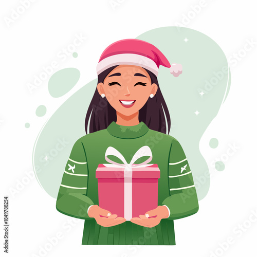 A Festive Gift: A joyful person, adorned in festive attire and a smile, presents a beautifully wrapped gift, embodying the spirit of celebration and generosity. 