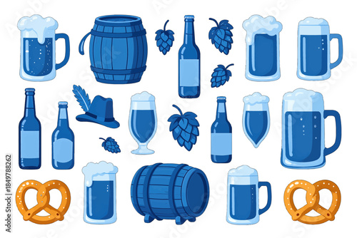 Collection of beer mugs, bottles, barrels, and pretzels