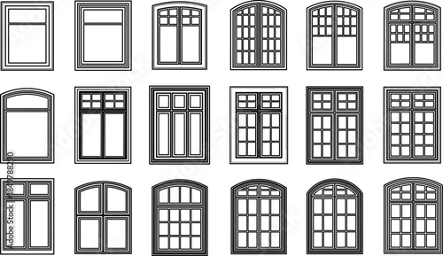 Window design collection, architectural styles, grid layout, decorative panes, building elements, CAD drawing, flat vector, outline, illustration, construction