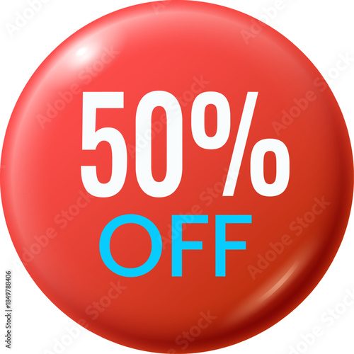 Red glossy button displaying 50 percent off