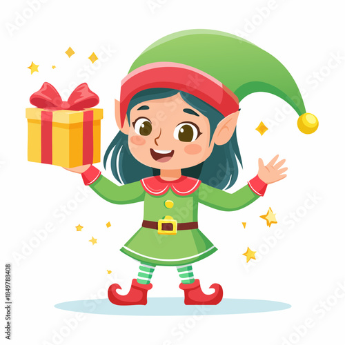 A Cheerful Elf with a Gift: An adorable elf, full of glee, is presenting a wrapped gift box, twinkling stars dance around her in a festive mood