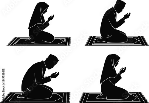 Islamic prayer silhouette, man and woman praying, modest attire, spiritual devotion, worship posture, CAD drawing, flat vector, illustration