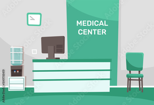 Medical center reception area with information desk