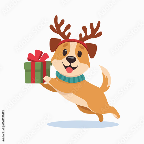 Joyful Pup's Gift Delivery: An adorable dog dressed for holiday cheer, cheerfully delivering a wrapped gift, full of glee.