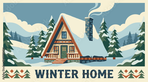 Cozy Log Cabin in Snowy Winter Forest with Smoke, Vector Illustration