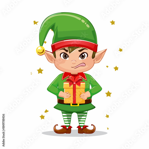 Grumpy Elf with Gift: A cartoon illustration of a grumpy elf holding a gift box, possibly expressing displeasure or a mischievous attitude.