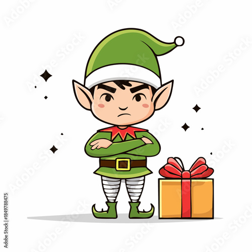 Grumpy Elf: A disgruntled elf stands defiantly, his arms crossed, next to a festive gift box, with a whimsical cartoon style. 