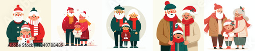 Vector full body of old couple hugging their beloved grandchild at Christmas