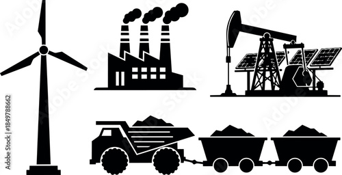 Black silhouette industrial factory wind turbine mining dump truck coal train oil pumpjack solar panel energy icons vector art