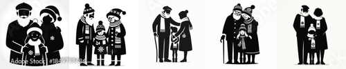 Vector silhouette of grandfather and grandmother hugging their beloved grandchildren at Christmas
