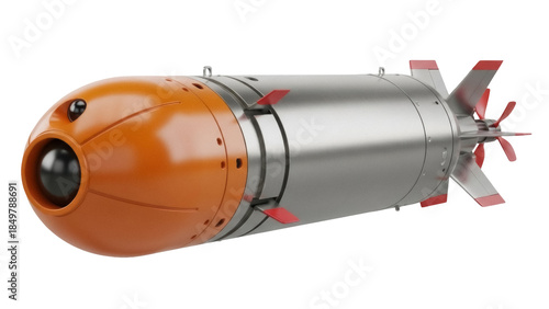 Isolated orange silver torpedo in 3D rendering with fins, naval weapon, warfare technology