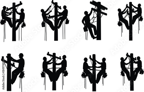 Utility worker silhouette, power line maintenance, climbing gear, safety equipment, electrical repair, telecommunication work, CAD drawing, flat vector, illustration