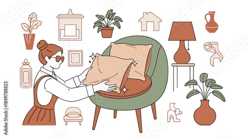 Woman decorates modern living room with stylish furniture and plants