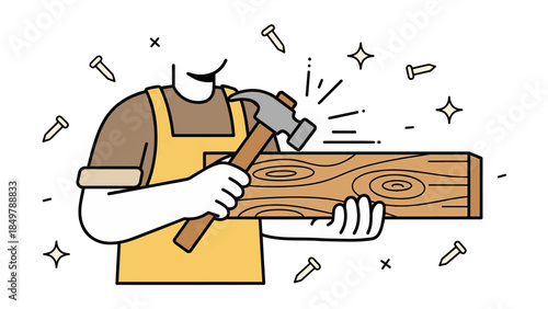 Man in yellow apron hammering nails into wooden plank with sparks