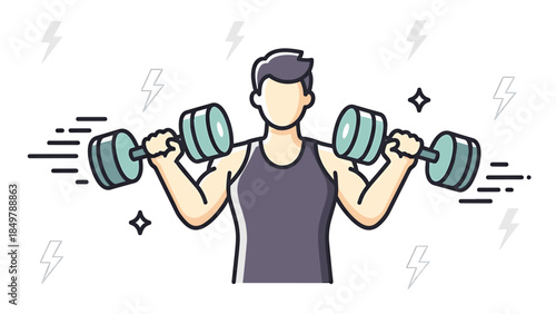 Man lifting dumbbells with motion lines and lightning bolts around him