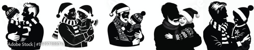 Vector silhouette of grandfather hugging his beloved grandson at Christmas
