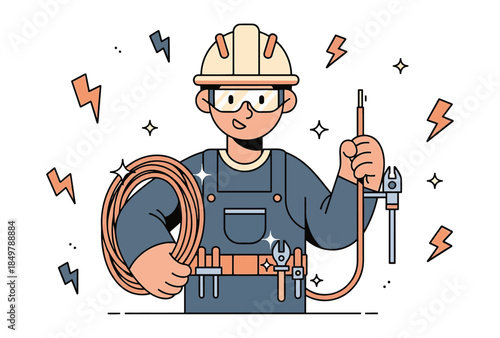 Electrician in hard hat holding wiring and pliers with lightning bolts