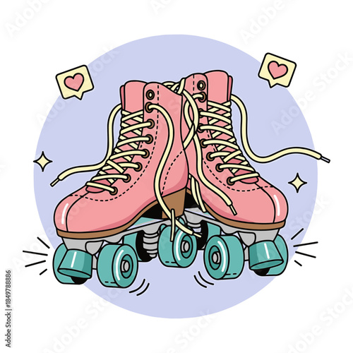 Vintage pink roller skates with turquoise wheels on purple background