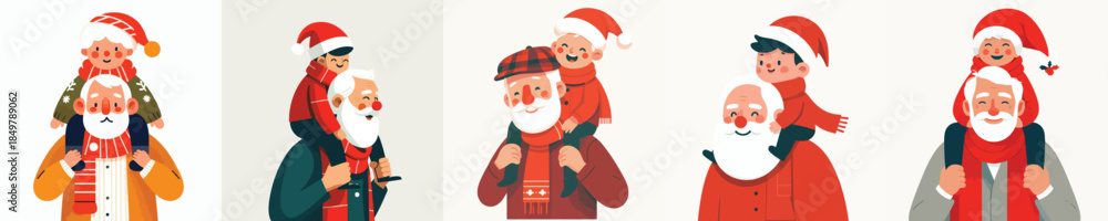 Fototapeta premium vector of happy grandfather carrying his grandson on his shoulders at Christmas