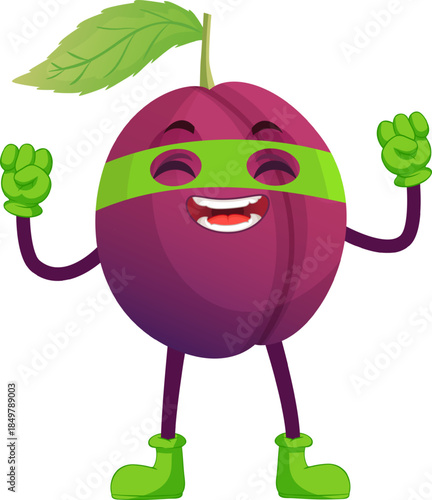 Plum fruit character showing superhero strength and health