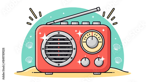 Vintage red radio on sandy beach with seashells and sparkles