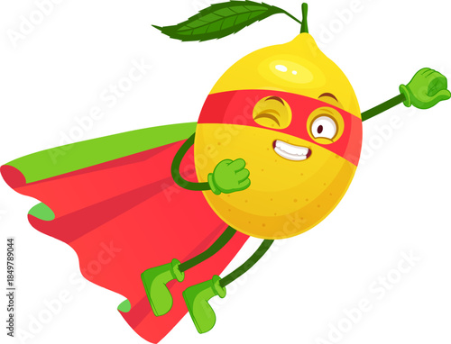Lemon character flying as a superhero mascot