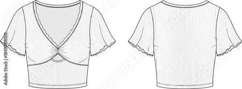 Women’s cropped blouse, fashion sketch, technical drawing, scalloped sleeves, V-neckline, garment design, pinstripe fabric, CAD drawing, flat vector, illustration