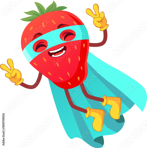 Strawberry superhero mascot character flying with peace sign