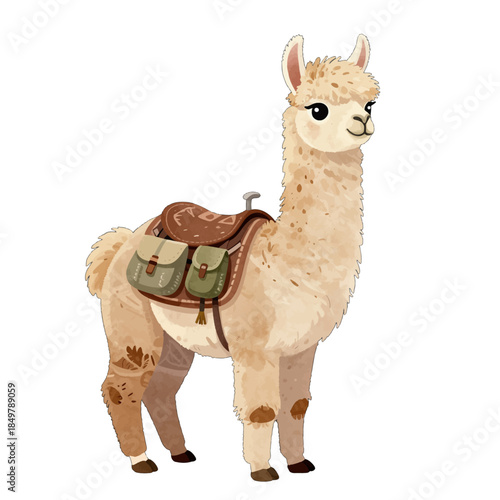Cute llama wearing saddle and bags