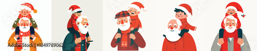 vector of happy grandfather carrying his grandson on his shoulders at Christmas