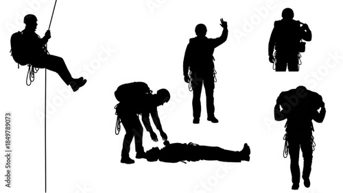 Black Silhouette Mountain Rescue Worker Vector Climbing and Assisting Victim