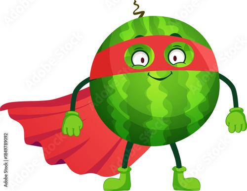 Watermelon character wearing superhero cape and mask