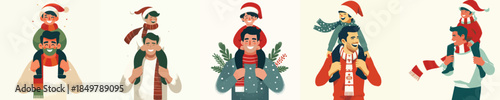 vector of happy father carrying his son on his shoulders at Christmas
