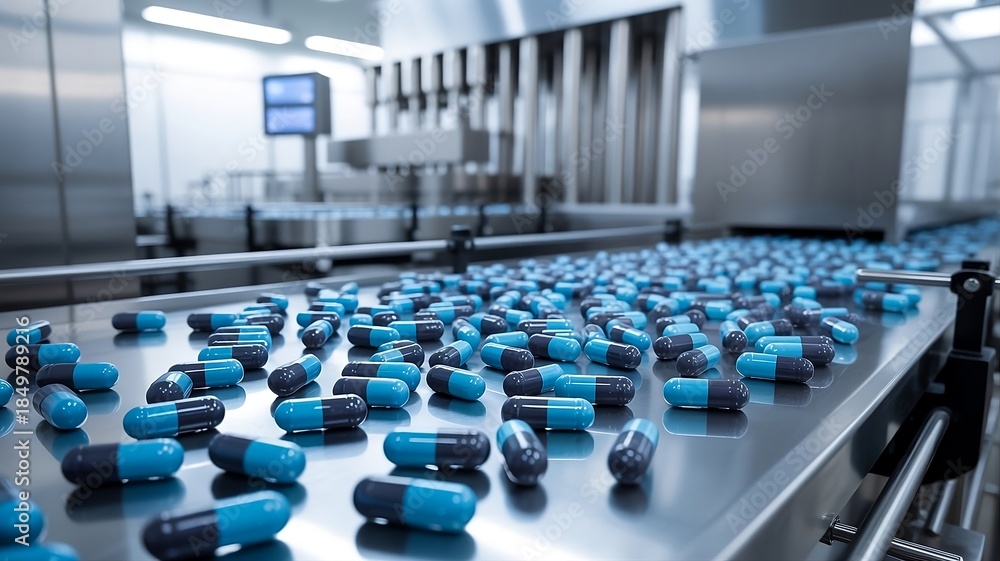 Fototapeta premium a production line in a pharmaceutical facility, featuring blue and black capsules scattered on a conveyor belt, created with generative ai