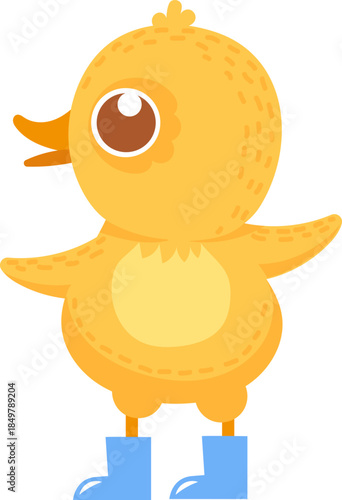 Cute yellow duckling character wearing blue rain boots