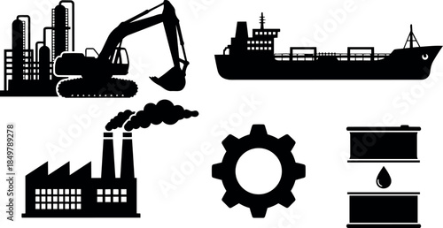 Industrial vector set with factory, excavator, cargo ship, cogwheel, and oil barrels in black silhouette style